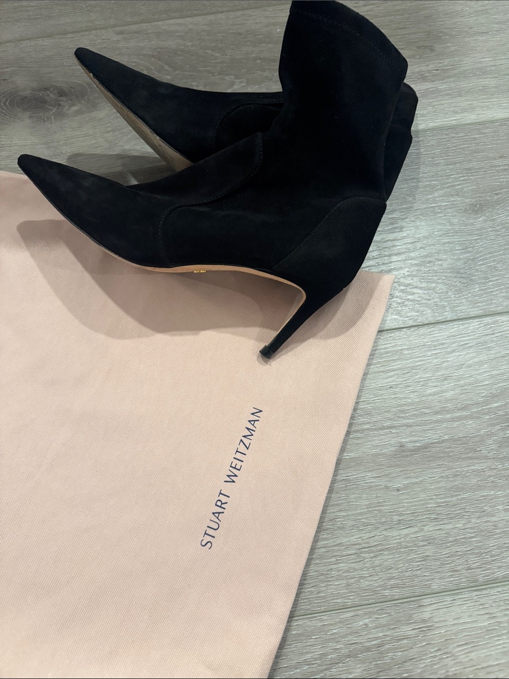 Stuart Weitzman Black Suede Pointed Toe Stiletto Ankle Boots